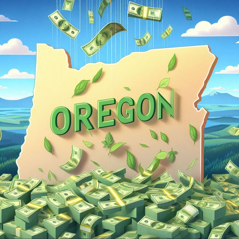 state of oregon with money falling on it